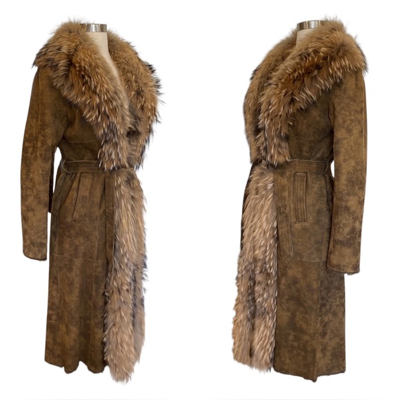 VTG Suede Penny Lane Finnraccoon & Shearling Lamb Fur Trench Coat - Picture 4 of 12